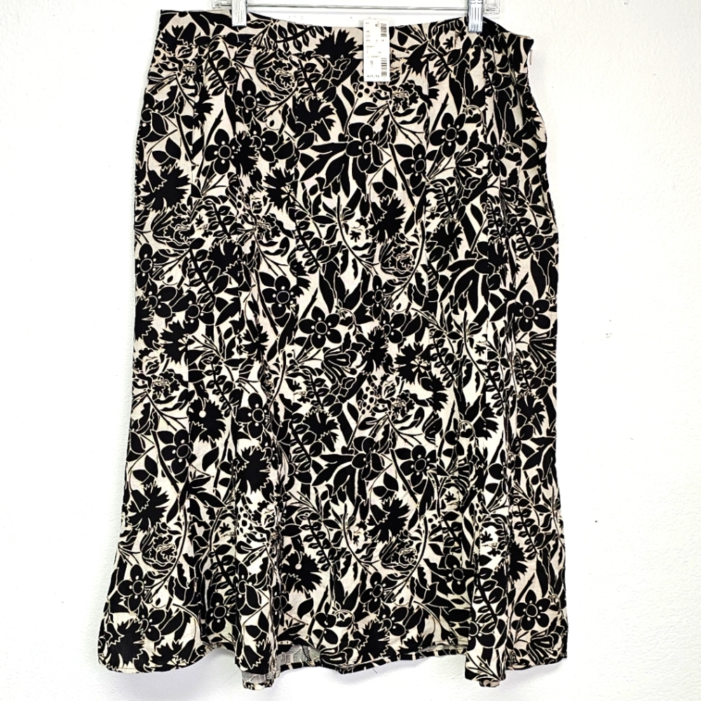 Avenue Skirt NEW Linen Blend Brown/White Floral Sz 16 Cottagecore